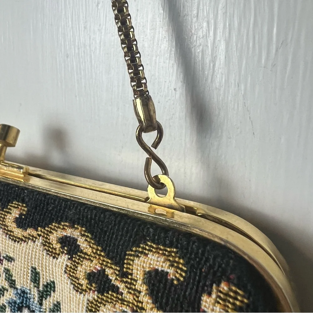 Vintage Floral Tapestry Kisslock Clutch Chain Strap Black‎ Gold 50s 60s